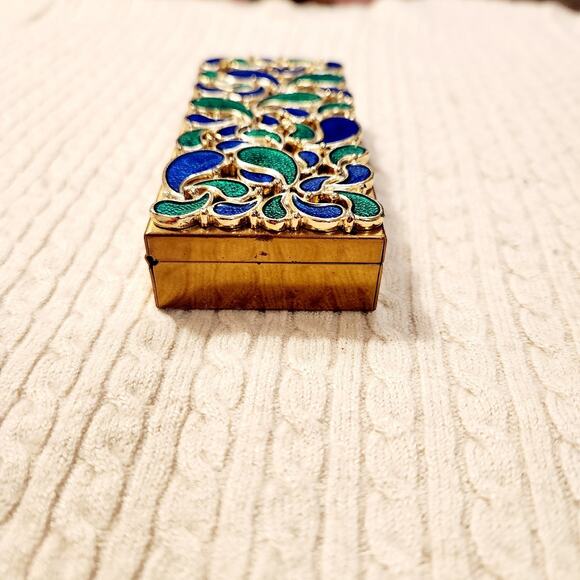 Stunning Vintage 80s Cloisonne Enamel Brass Trinket Box Floral Green Blue - Picture 5 of 9